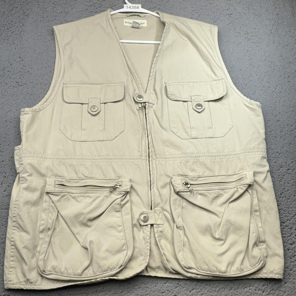 Banana‎ Republic Vest Mens Medium Khaki Safari Utility Travel Camera Zip Pockets